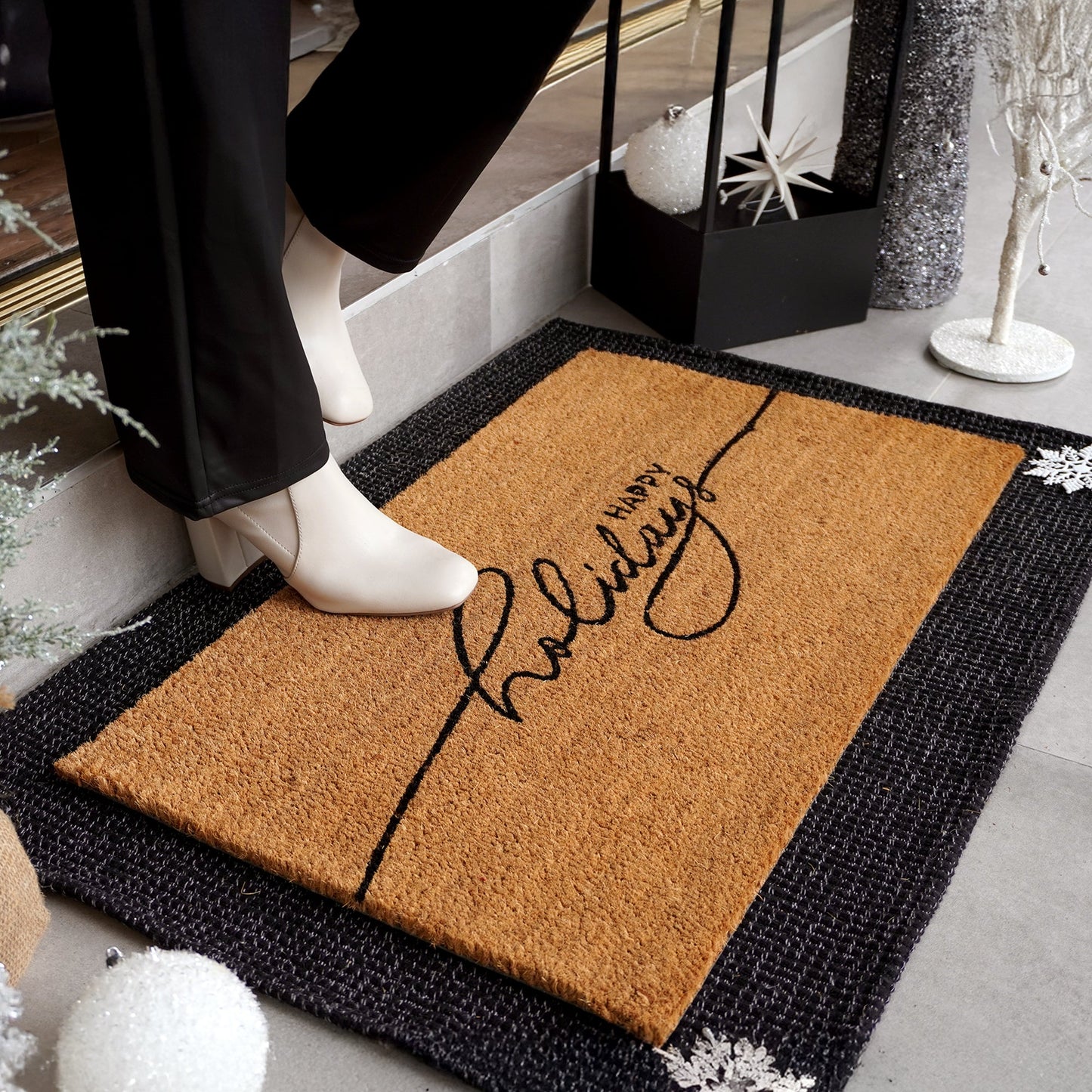 Happy Holidays Natural Coir Doormat