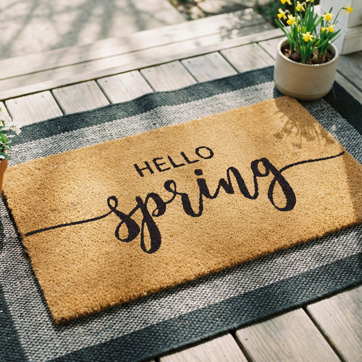 Hello Spring doormat in natural tan coir with script lettering, placed at [location context]