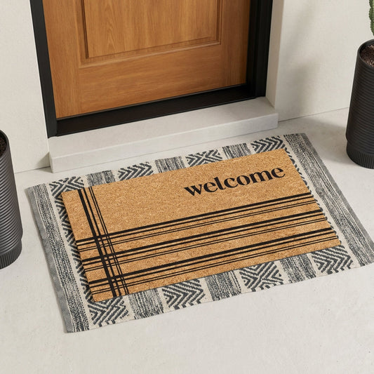 Stitched Welcome Natural Coir Doormat - 17x30