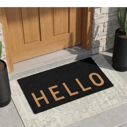 Simply Hello - Black Natural Coir Doormat - 17x30