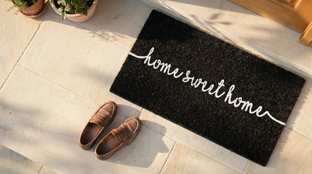 Overhead view of Bliss in Black coir doormat on a light stone front step with shoes nearby