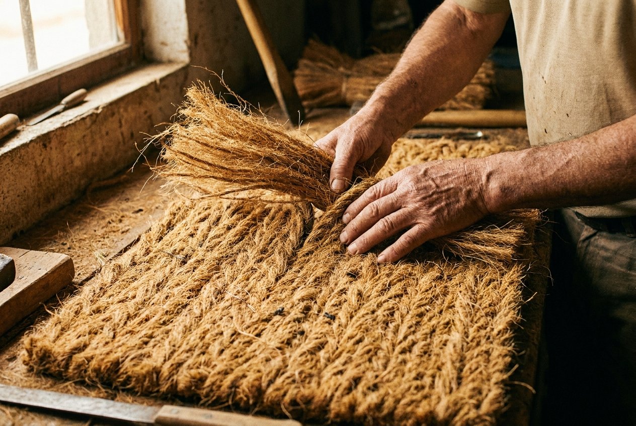 Artisan hand-tufting a thick natural coir doormat