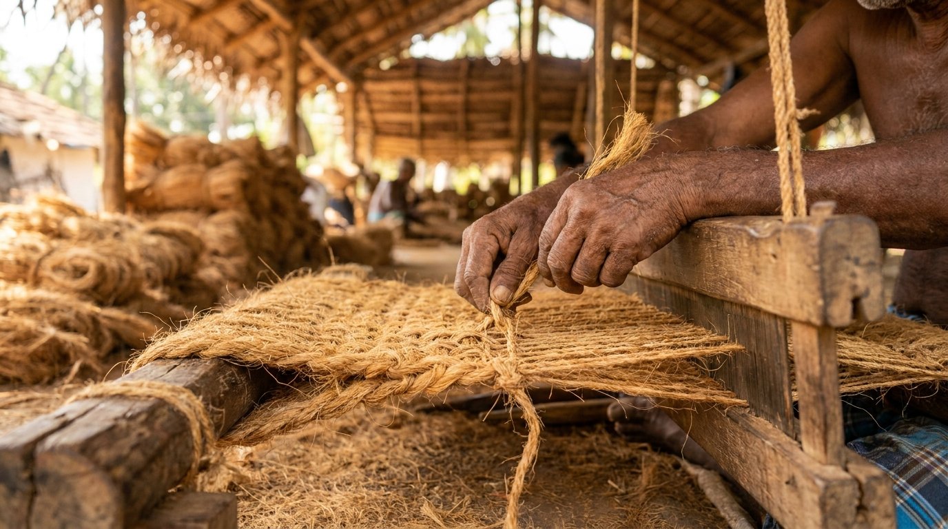 Artisan hand-weaving natural coconut coir on a traditional loom in Southern India
