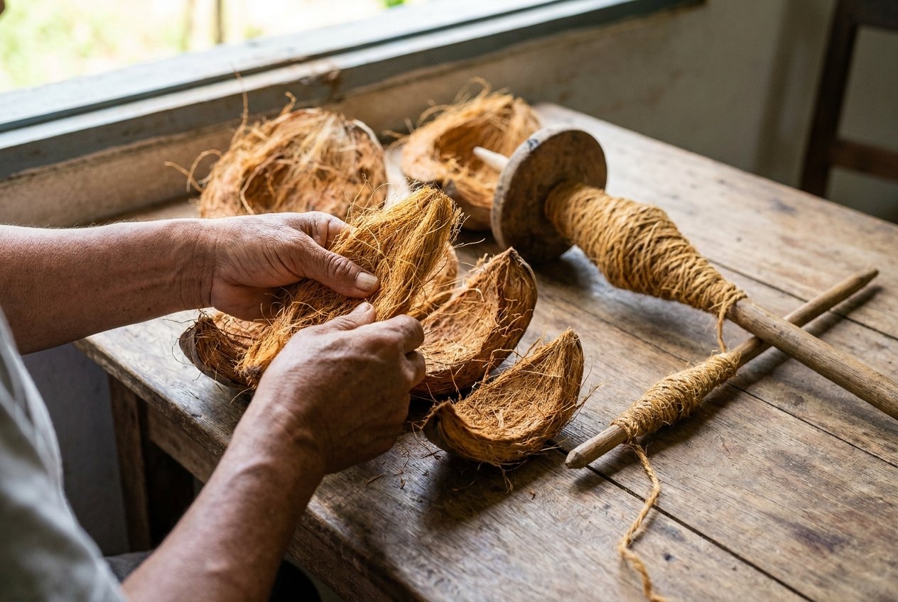 Coconut husks and hand-spun natural coir fibre